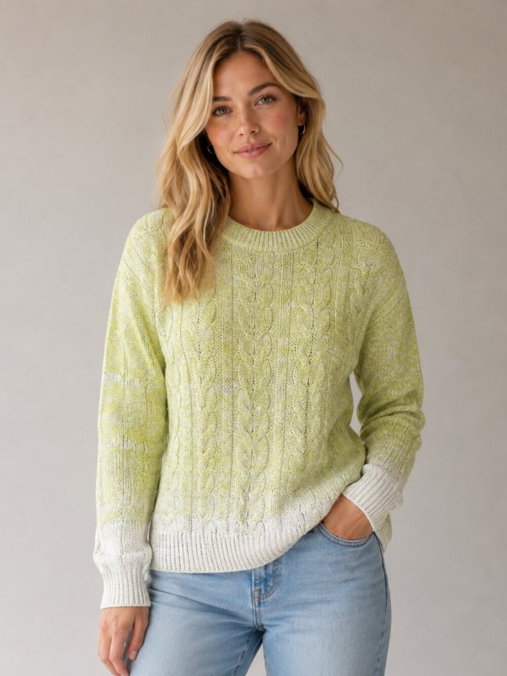 Liz Claiborne Green and White Ombré Cable Knit Sweater Pullover Petite Medium